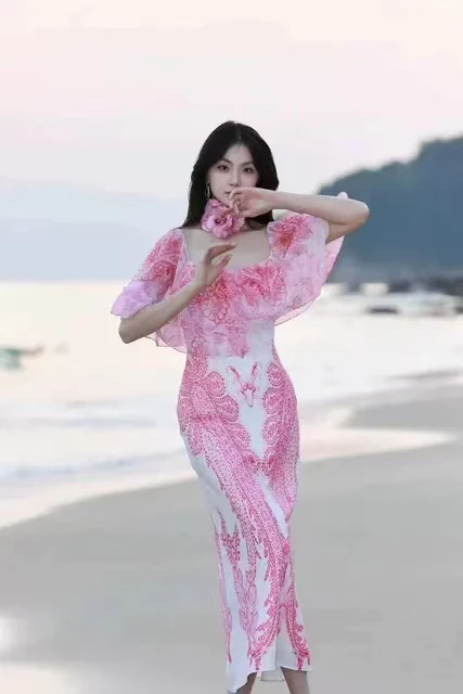 法式度假风粉色碎花收腰吊带长裙夏季温柔浪漫可两穿