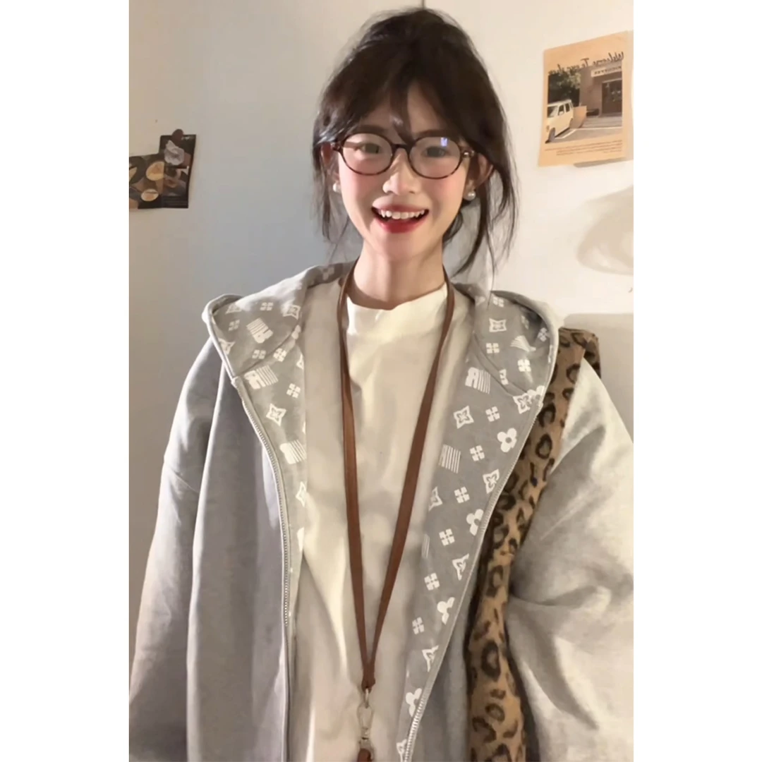 美式高街内里印花开衫卫衣男女秋冬季宽松百搭运动休闲风拉链外套