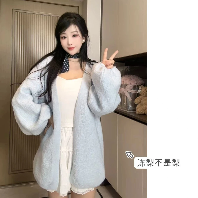 【2025年新款树皮纹工艺】泡泡袖短款外套春秋季针织开衫宽松毛衣