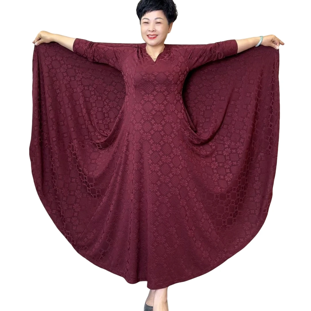 2502-红黑-春夏款大码女装修身显瘦减龄长款纯色提花七片连衣裙