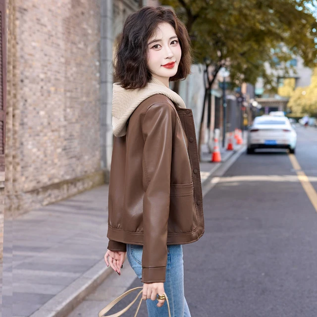 美拉德咖色皮衣外套女装秋冬新款休闲高级pu皮夹克连帽上衣小个子