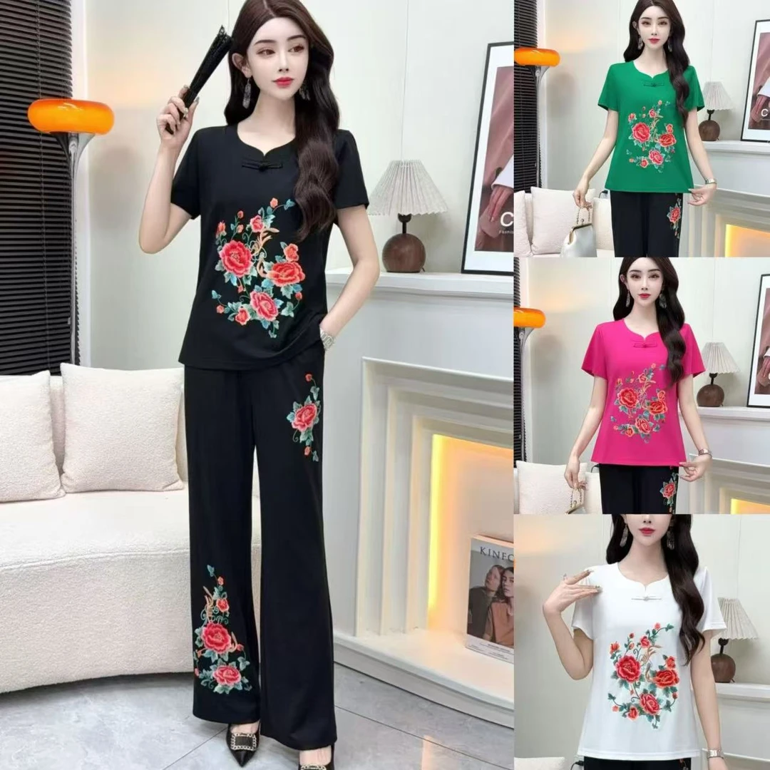 2025夏款新中式妈妈装大码T恤民族风刺绣花短袖显瘦微喇裤套装