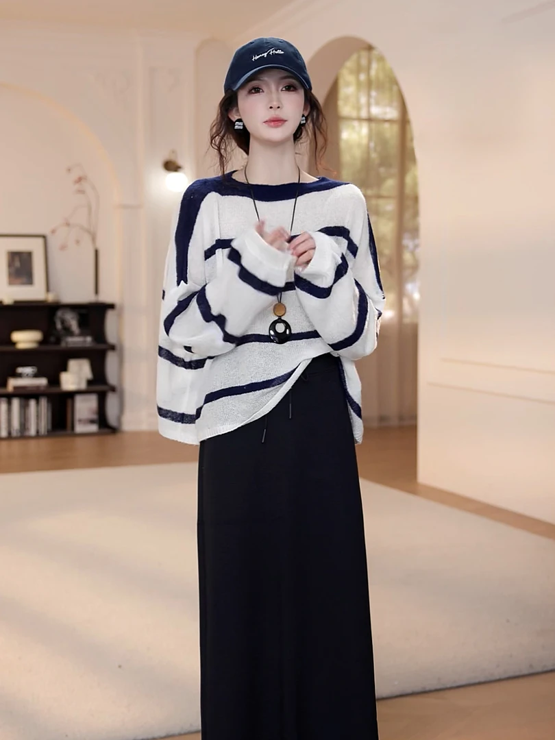 宽松慵懒感套头长袖通勤上衣2025秋季舒适撞色条纹罩衫针织t恤女