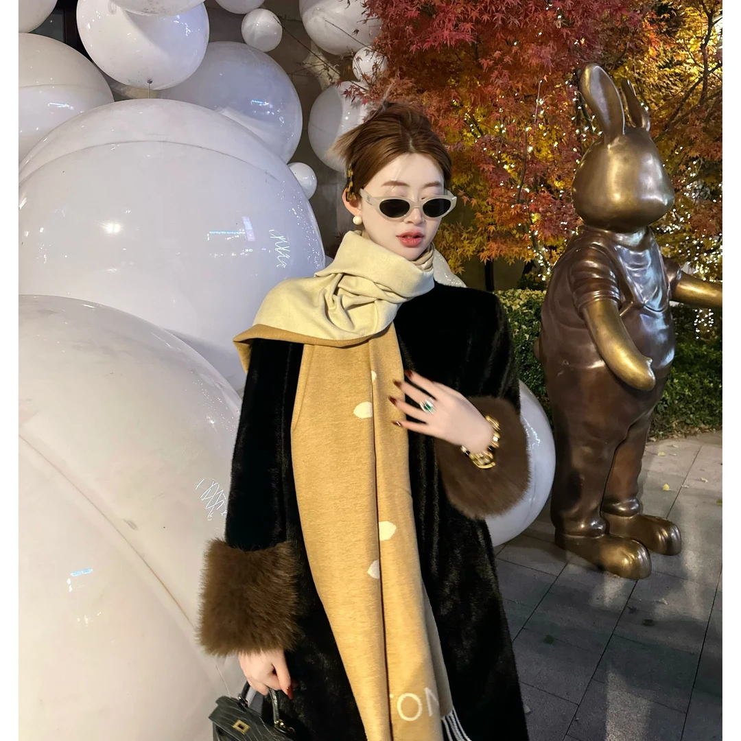 【木子专属】女款气质时尚冬季撞色长款毛毛外套-106
