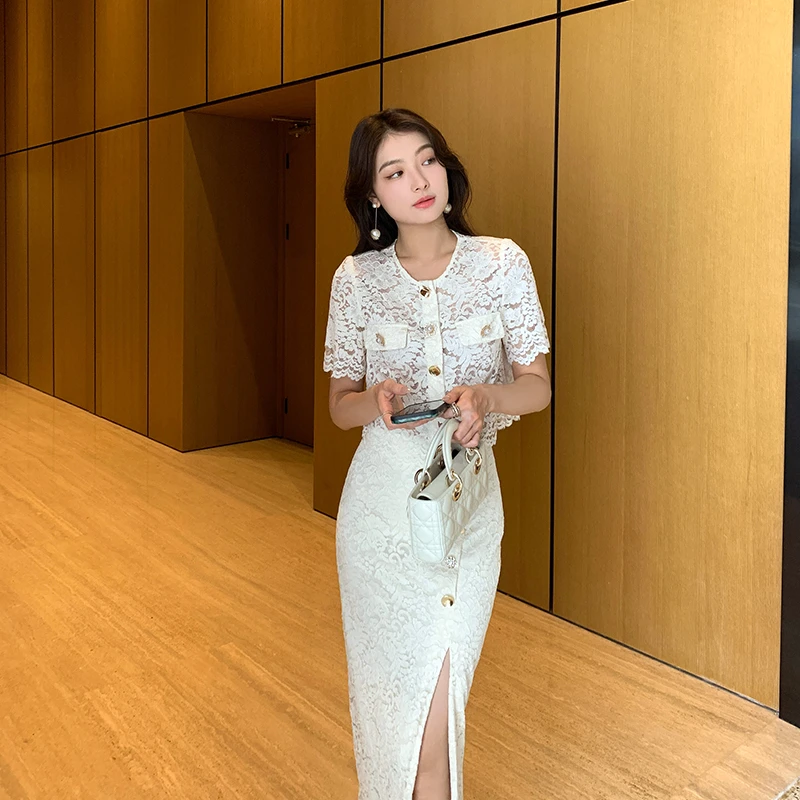 加比gaby法式浪漫复古水溶蕾丝钩花上衣高腰a字开衩半身裙两件套