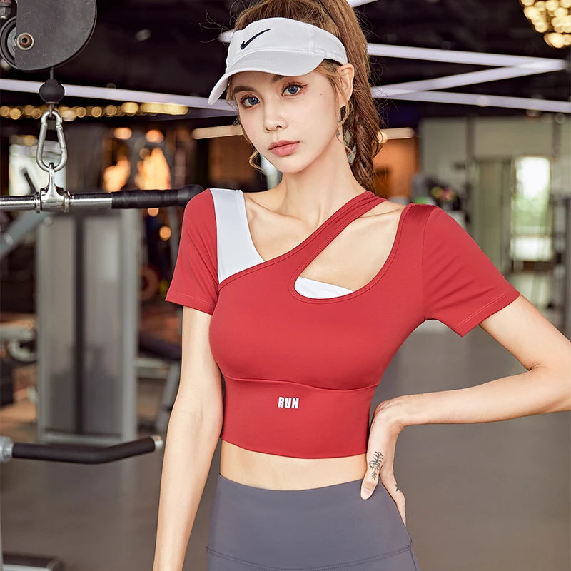 【45号】32013瑜伽服女款健身跑步训练运动上衣短袖紧身健身LJ