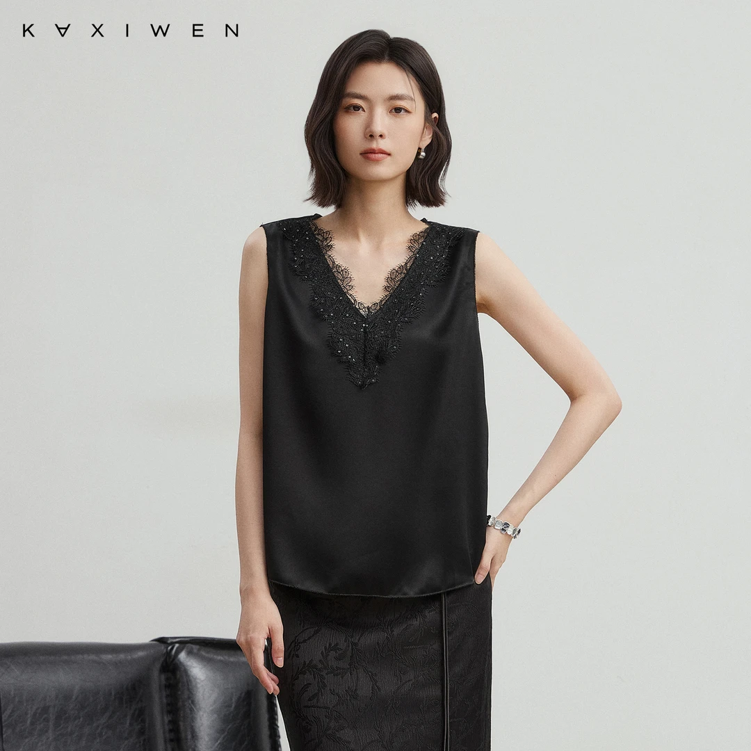 佧茜文醋酸花漾背心【早秋】垂感镂空蕾丝花型V领上衣女M07AIN3097