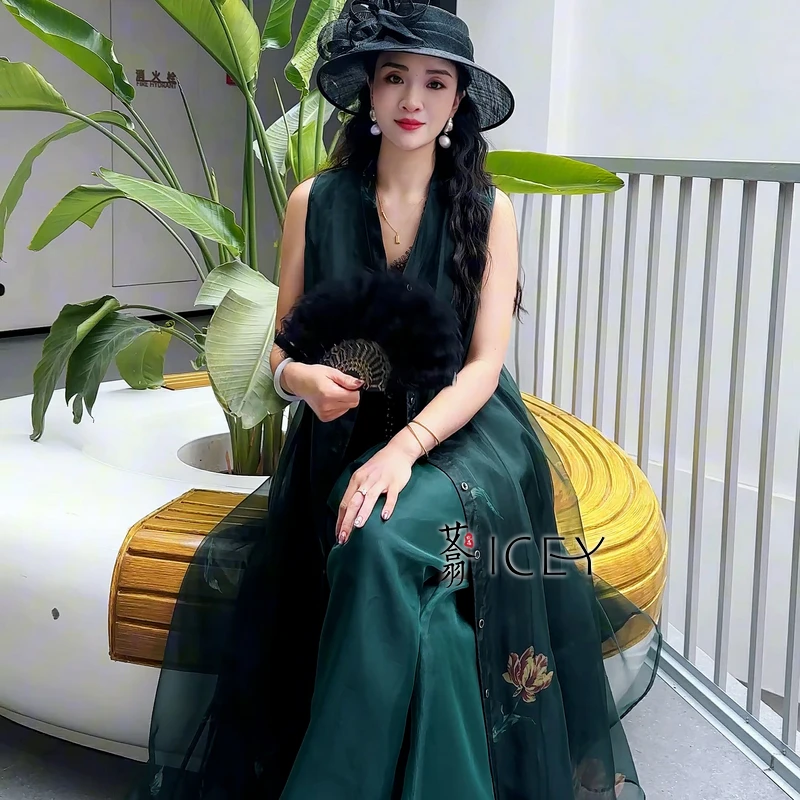 艾翕甄选【绿意绽放】欧根纱印花长马夹ZX2501318-1