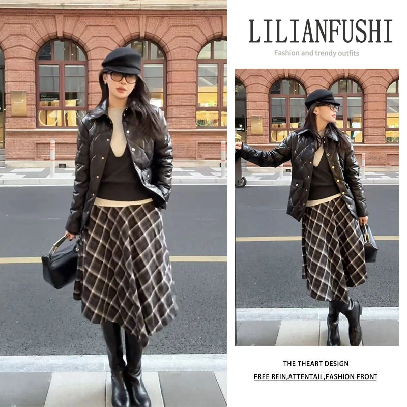 2025秋冬新款翻领皮衣外套假两件长袖针织衫显瘦格纹半身裙三件套