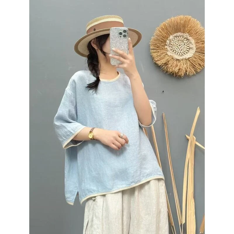 100%色织亚麻小格纹元素色织圆领衬衫