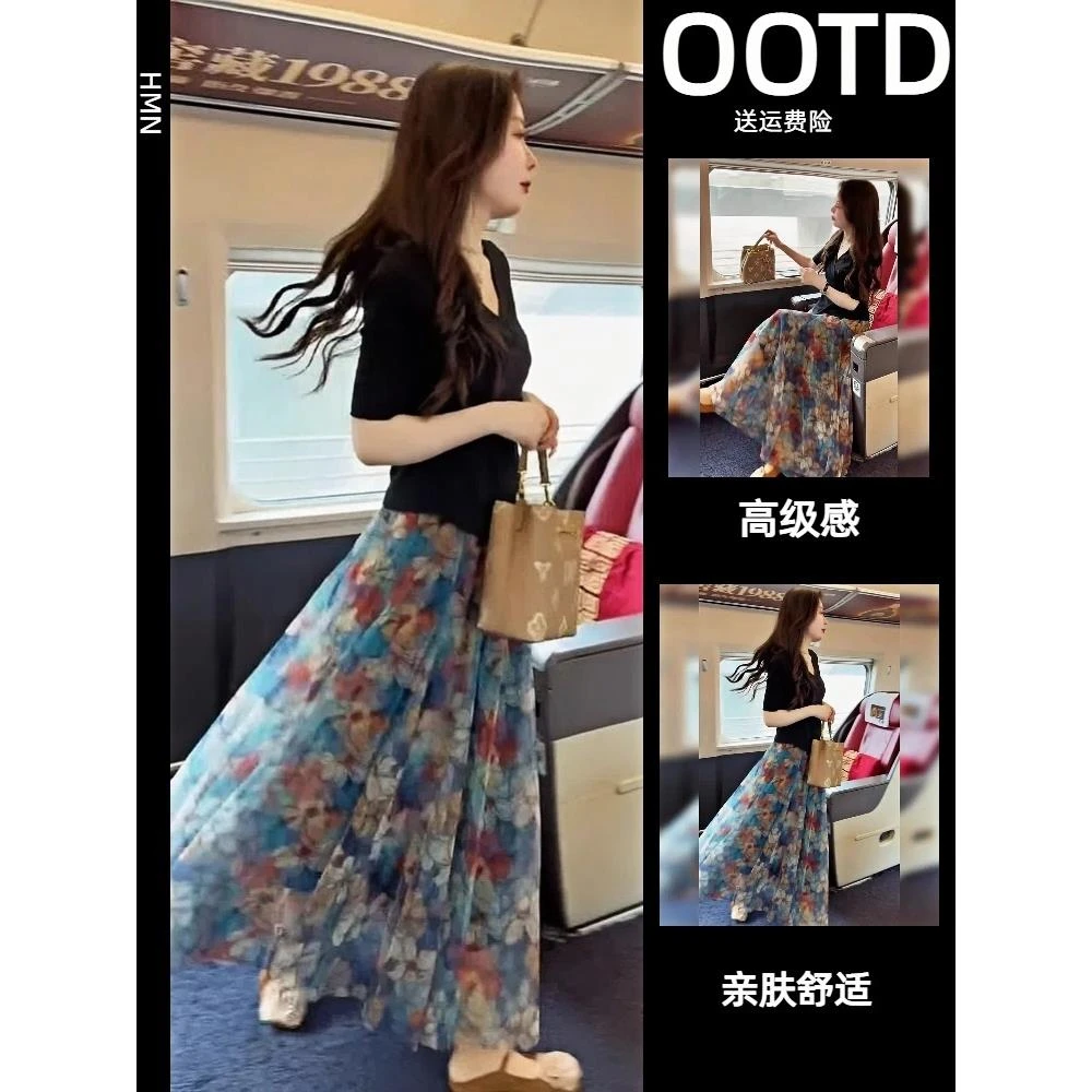 2025新款夏季减龄一整套穿搭套装不规则高级感碎花半身裙两件套女