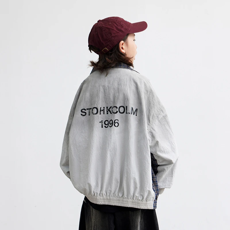 男童格纹两面拼接立领外套春秋款2025新款儿童复古休闲夹克中大童