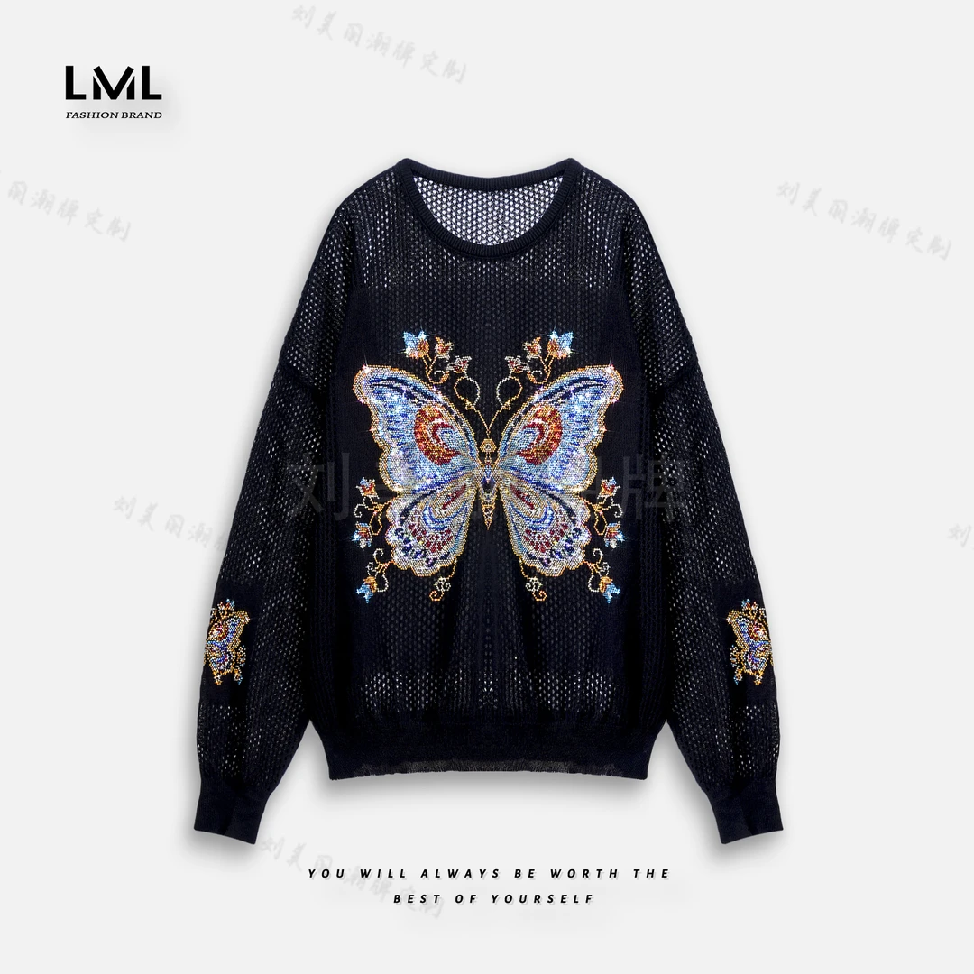 现货丽丽家 2026花香古风蝴蝶烫钻网纱宽松遮肉上衣