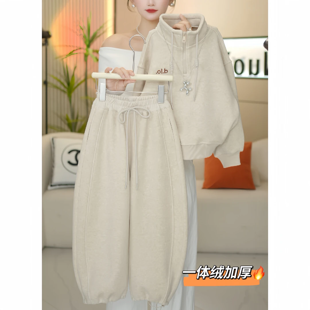 女童2025秋冬季新款加绒加厚糯米绒立领上衣+弯道裤套装