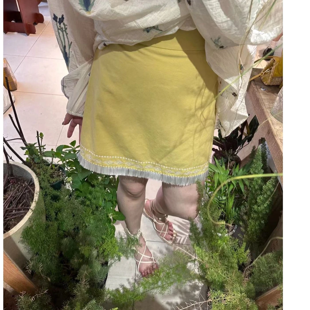 晶咕软软【元素裙】波西米亚风A字流苏半裙绿色时尚蕾丝半身裙