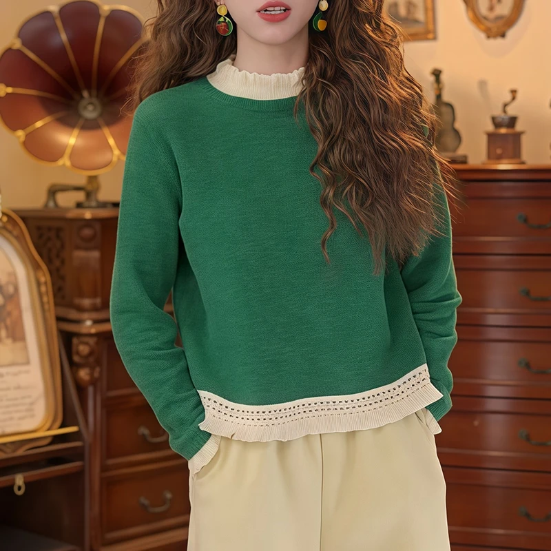 休闲感花边拼接针织衫2025冬季柔软质感精致设计日常造型优雅格调