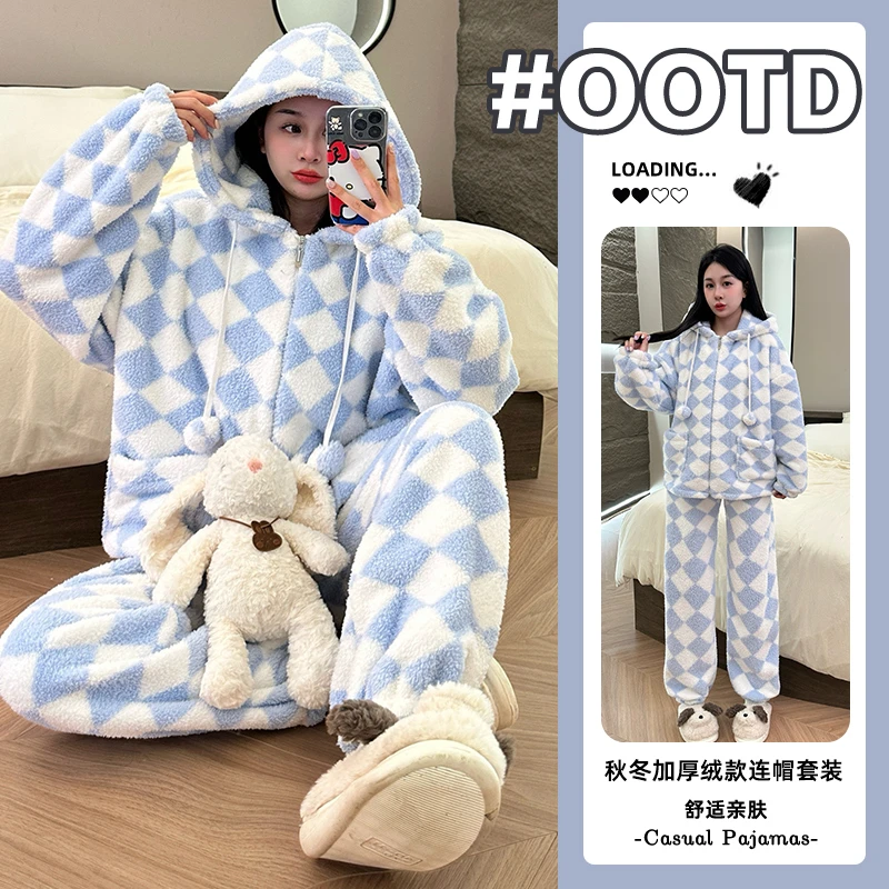 珊瑚绒睡衣女2025冬季半边绒连帽保暖加绒加厚简约家居服套装外穿