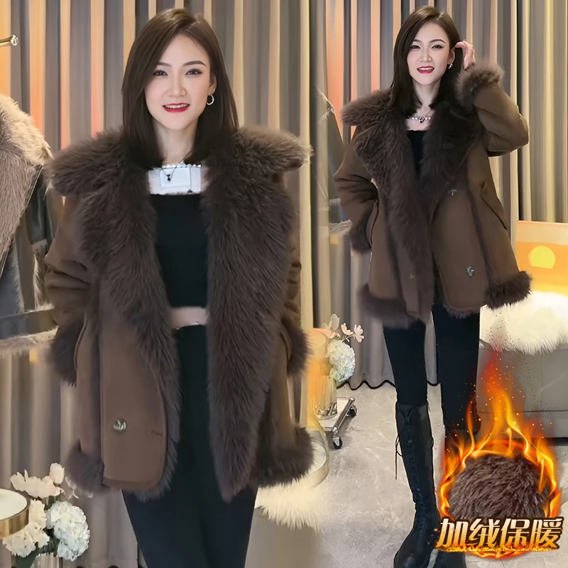 设计感小众翻领皮毛一体外套女2025秋冬新款韩版时尚宽松显瘦上衣