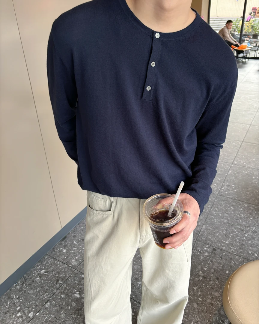TAIYANG 25SS春夏 全棉亨利领微宽松长袖套头衫柔软高级慵懒感T恤