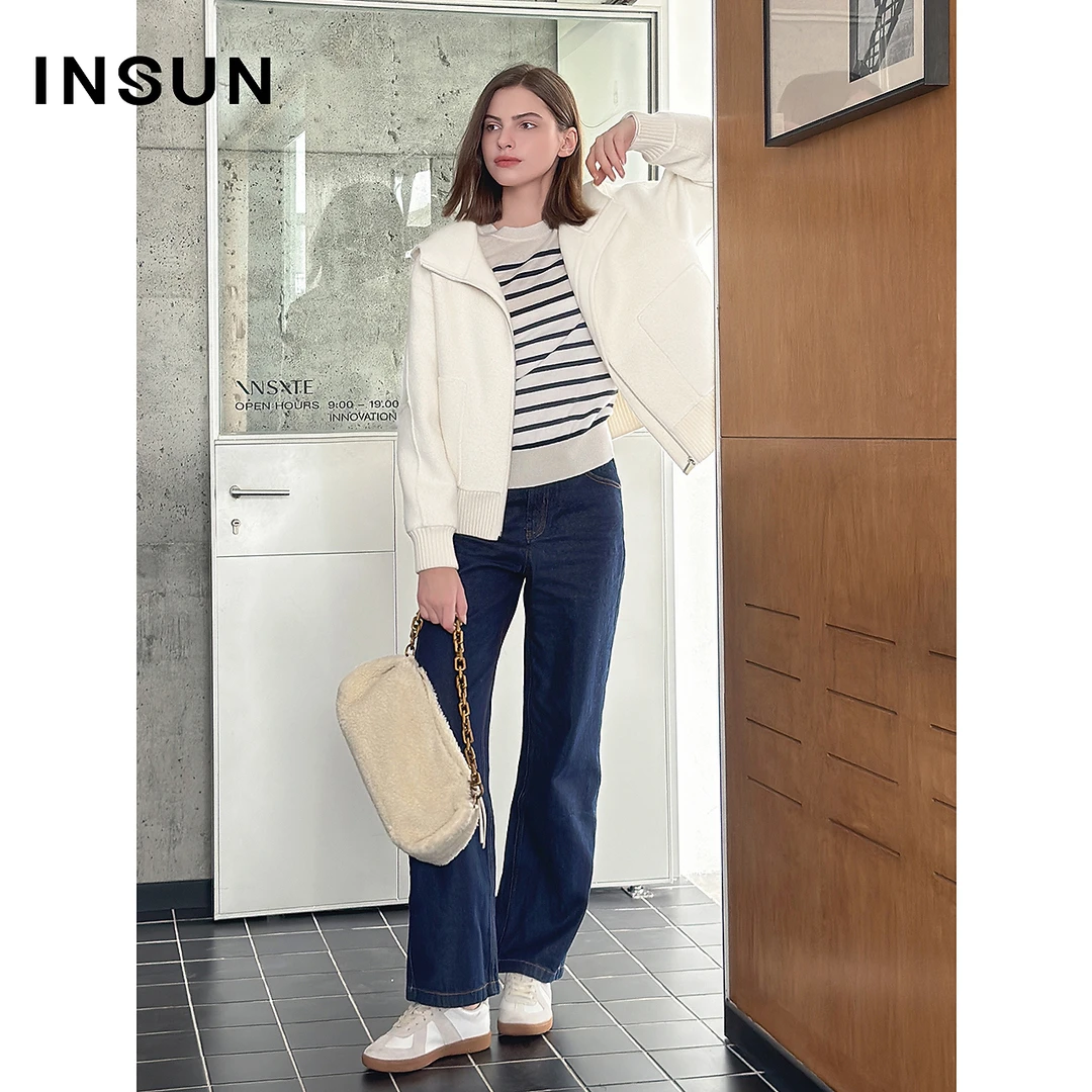 INSUN恩裳冬季休闲连帽大翻领绵羊毛圈圈绒外套
