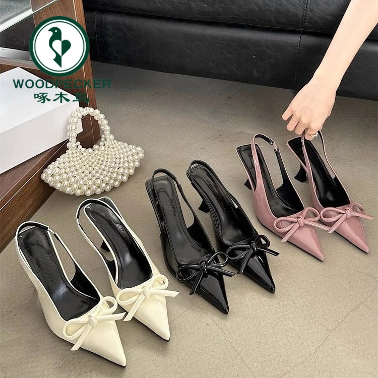啄木鸟蝴蝶结高跟凉鞋女尖头增高优雅夏季女鞋漆皮细跟高跟凉鞋