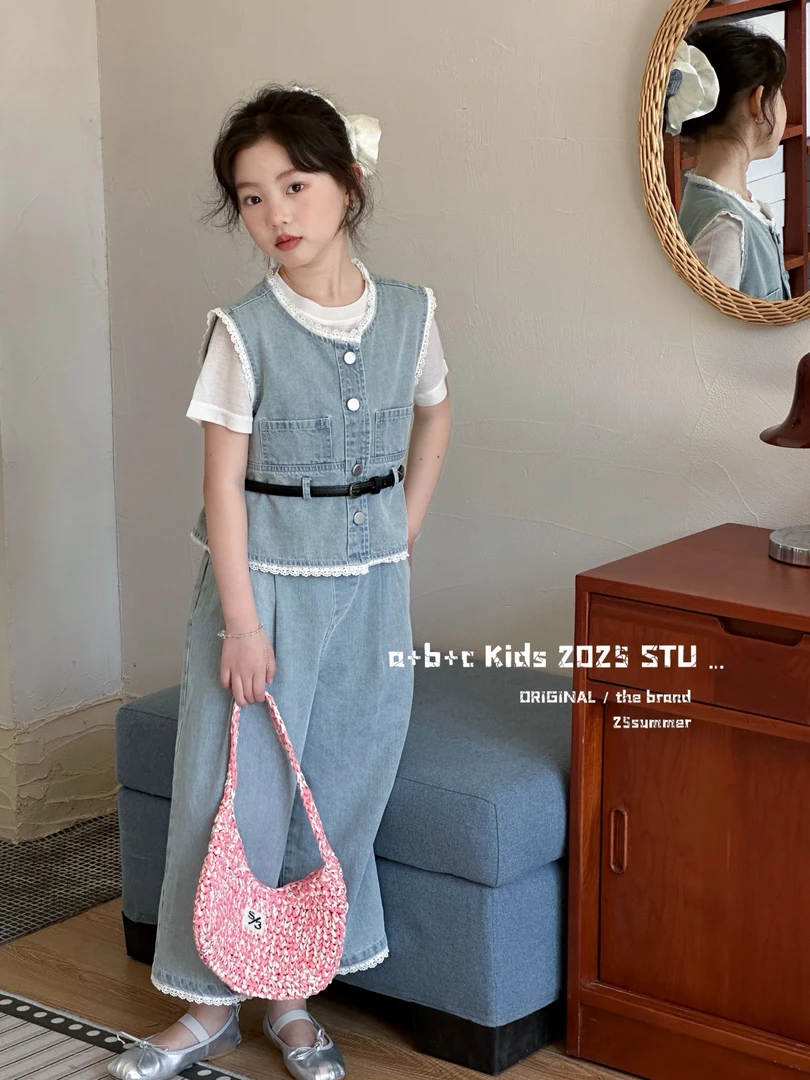 复古蕾丝拼接牛仔马甲九分阔腿裤时尚套装三件套中大童女童