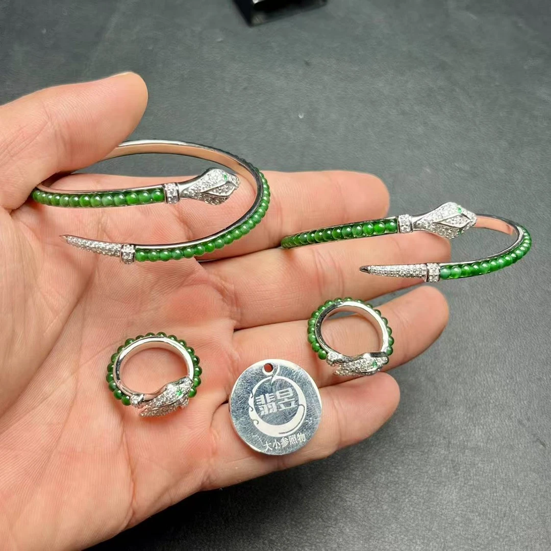 翡昱N19-45819-813-天然A货翡翠戒指手镯S925银镶嵌/多样性发其一