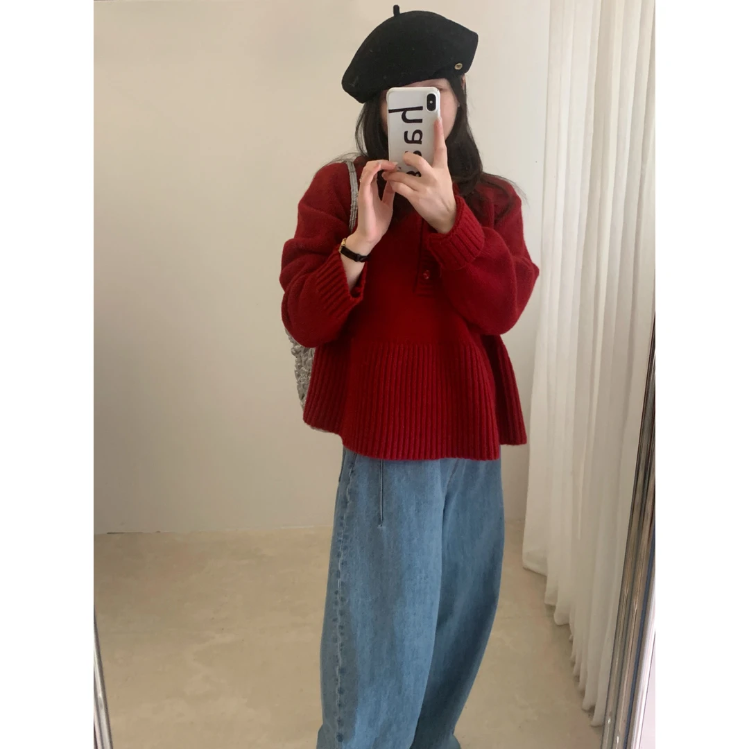 T3039 法式小甜美 红色娃娃裙摆圆领半扣针织套头毛衣