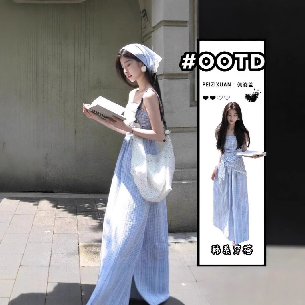 2025新款蓝色格纹抹胸吊带连衣裙女夏季法式收腰小众显瘦长裙子