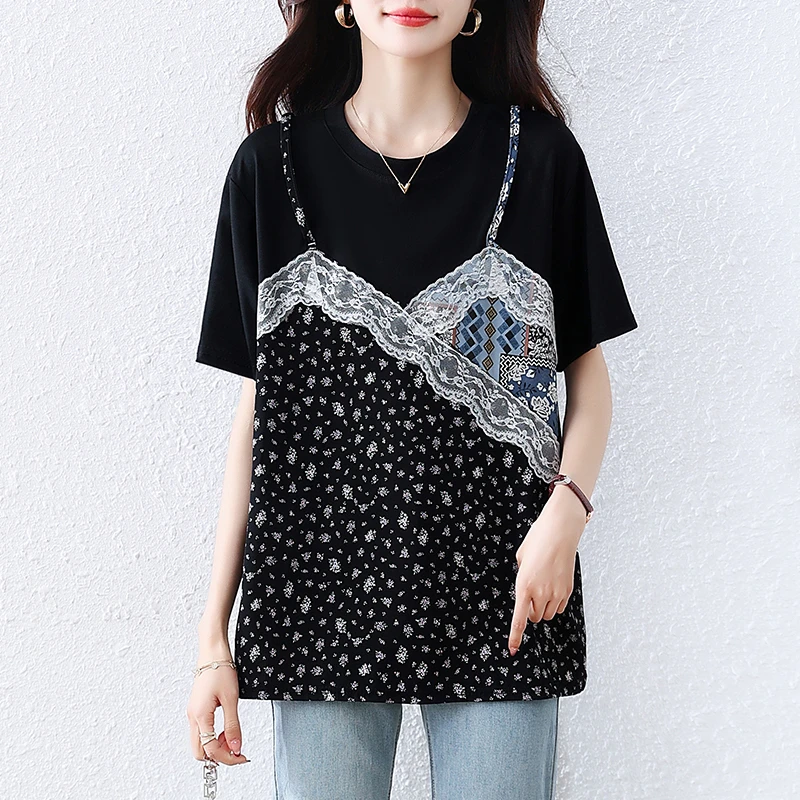 碎花蕾丝吊带假两件短袖T恤女2025夏季新款大码宽松圆领拼接上衣