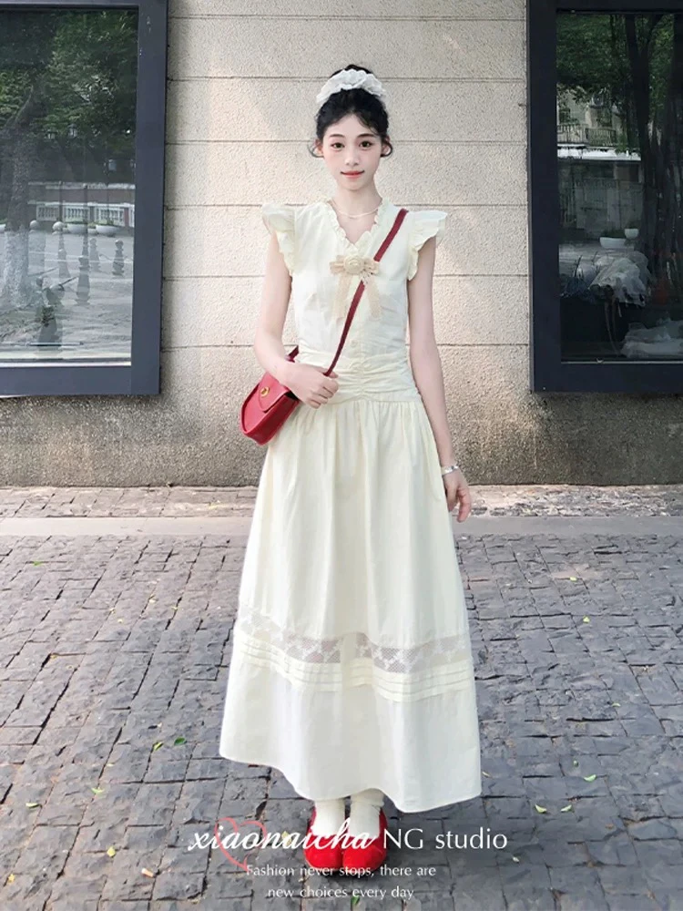 【张开心】元气少女茶里茶气独特超好看小飞袖蝴蝶结米白色连衣裙