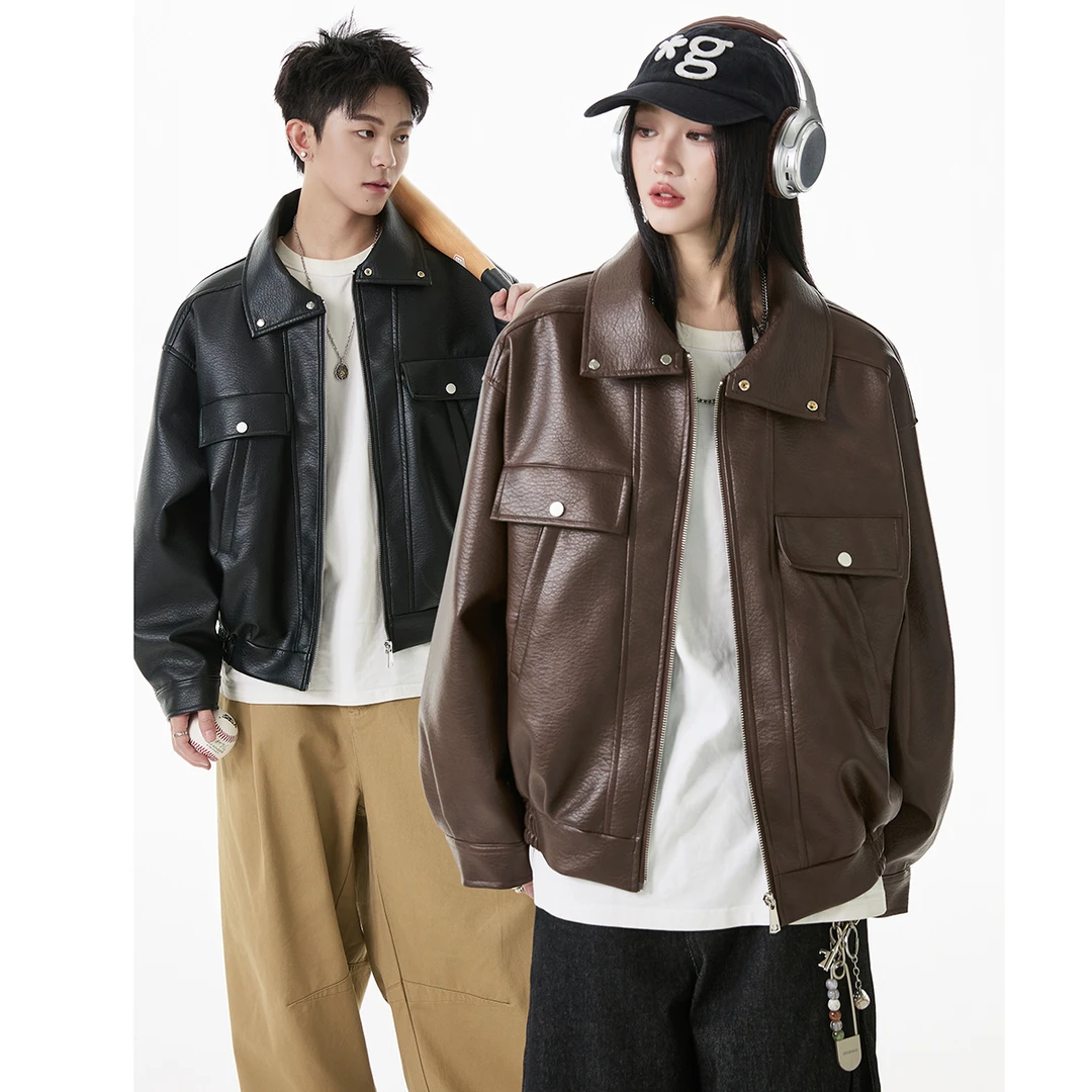 K•WEH2025秋装新款美式水洗复古皮夹克外套男痞帅宽松情侣外套潮