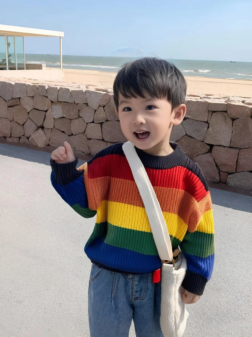 男女宝宝彩虹毛衣套头圆领上衣打底衫2025年款衣服儿童