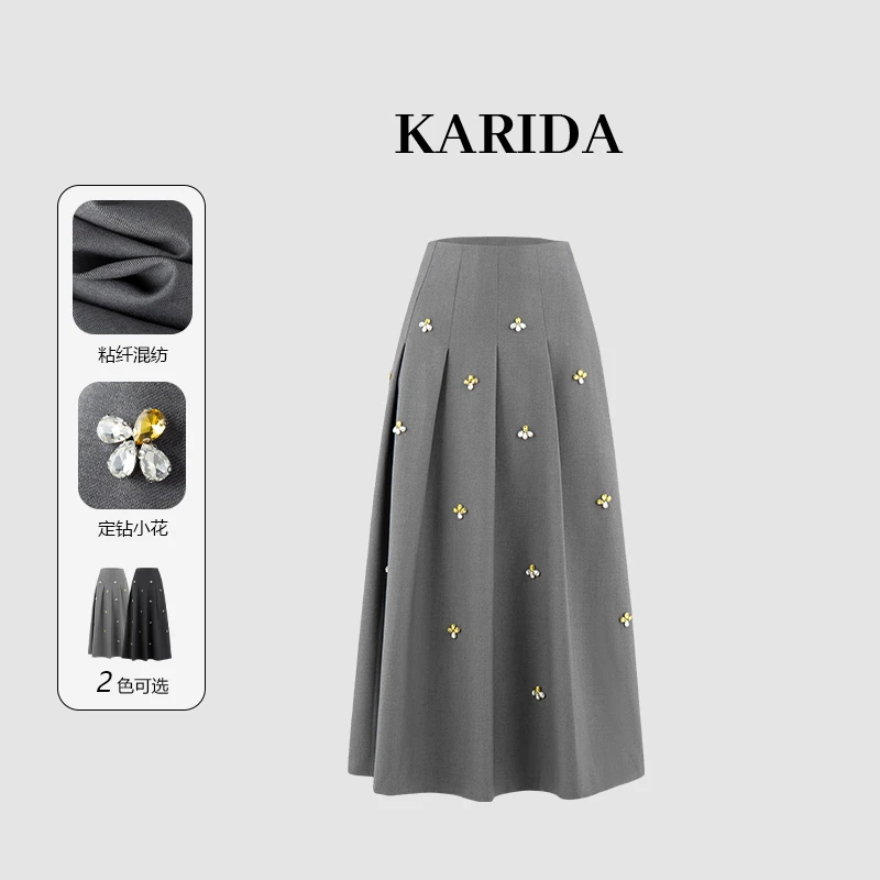 珂芮达Karida【伦敦画报】新款钉珠长半裙休闲显瘦高腰中长款