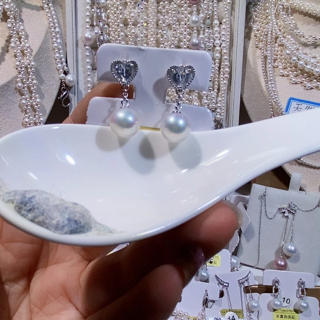 银S925镶嵌淡水珍珠耳饰极光炫彩耳钉