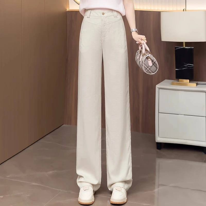 冰丝亚麻阔腿休闲裤女2025春夏季新款高腰显瘦薄款宽松垂感直筒裤