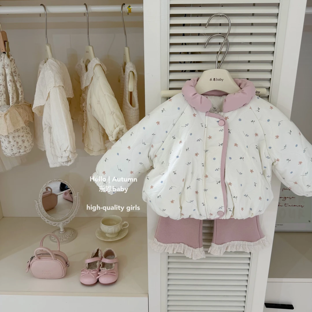 【乐恩童装】原创设计冬季女童粉色碎花夹棉外套韩版厚款宝宝棉服