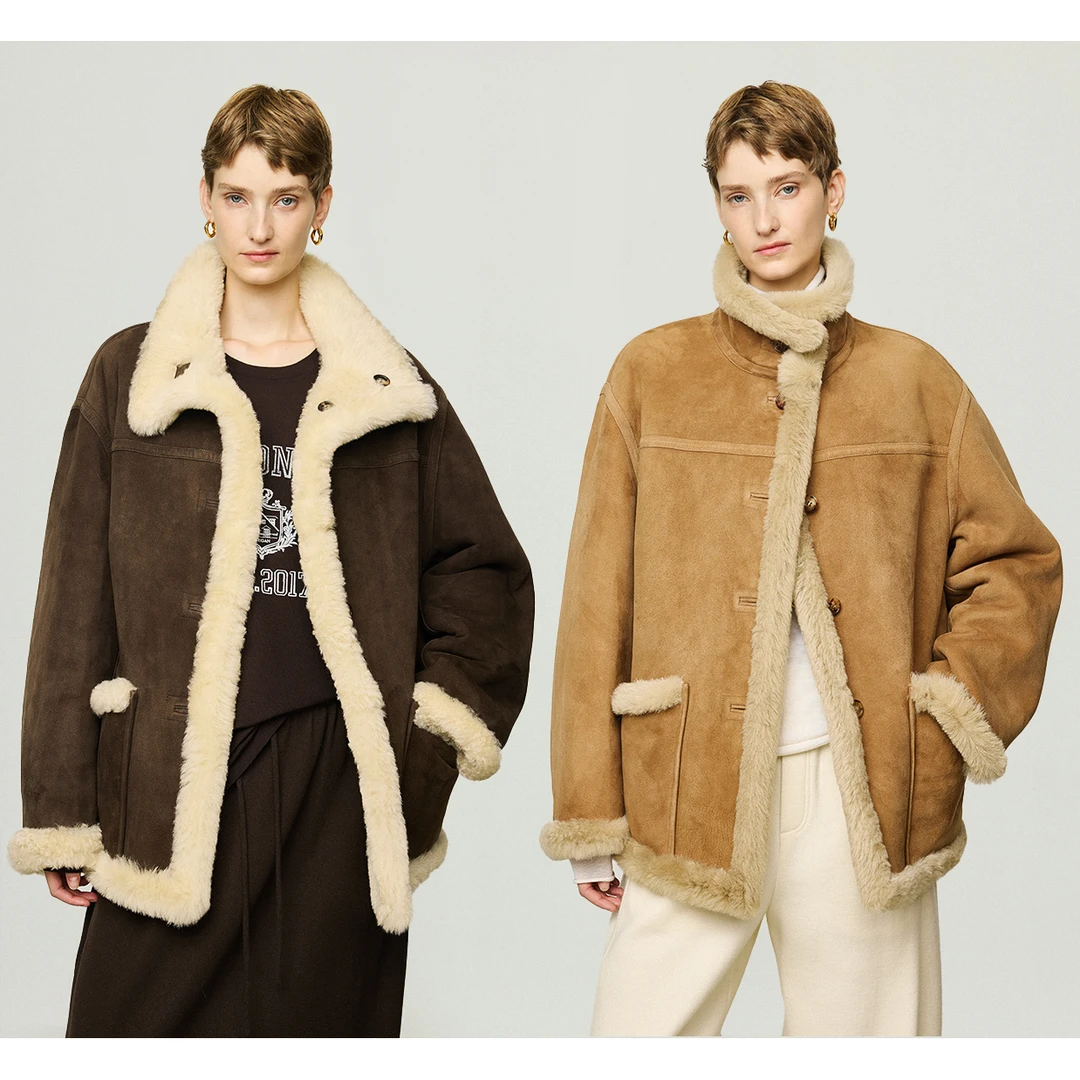 开间/西班牙轻盈麂皮绒面皮毛一体温暖蓬松双面多穿皮草外套