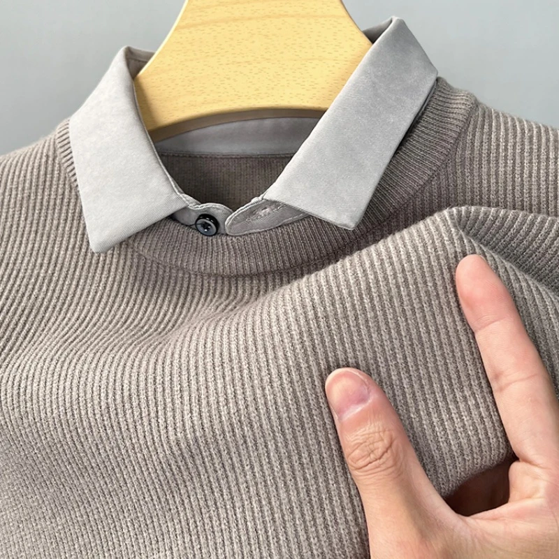 CATIA SELI秋冬季毛衣针织假两件衬衫领T恤男长袖纯色打底衫宽松