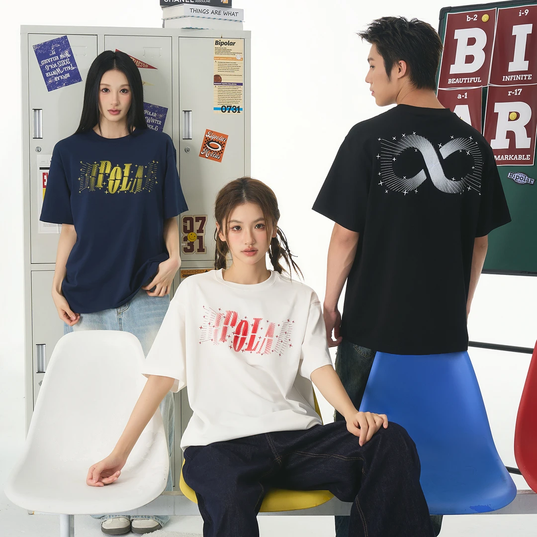 BIPOLAR放射星星绣印结合夏季休闲宽松百搭圆领短袖T恤 11N021