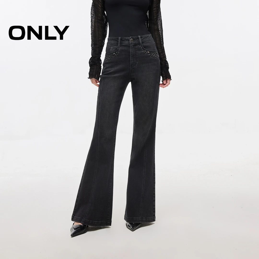ONLY2025秋季新款时尚复古烫钻高腰喇叭裤长裤牛仔裤女|125132037