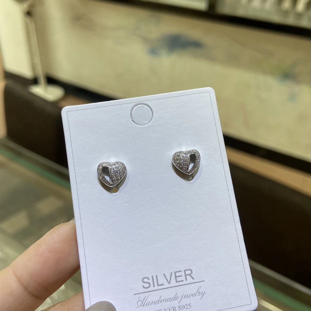 足银耳饰 纯银爱心镶钻耳钉