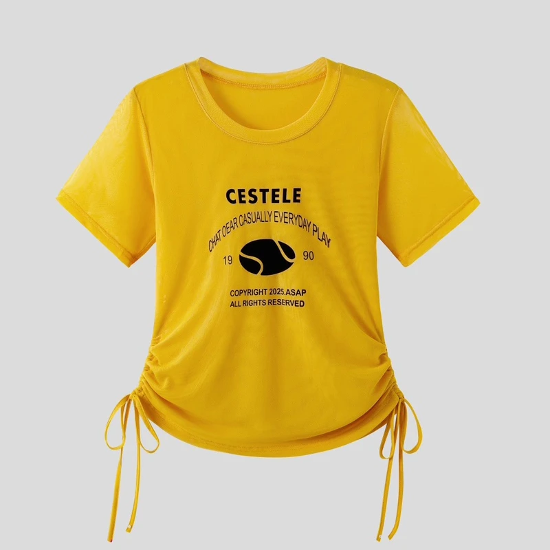 夏季新款抽绳网纱运动广场舞短袖上衣 健身跳操户外百搭显瘦T恤