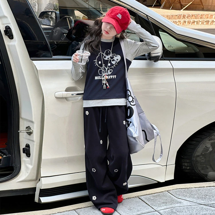 女童中大童上衣秋季上新休闲洋气撞色小猫T宽松春秋长袖韩版