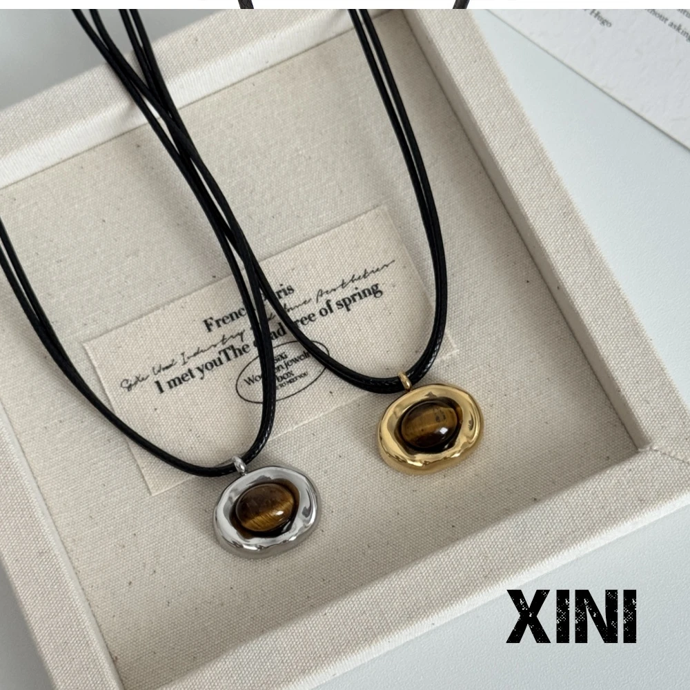 钛钢皮质项链 钛钢复古虎眼石不规则双层黑绳女项链钛钢不掉色