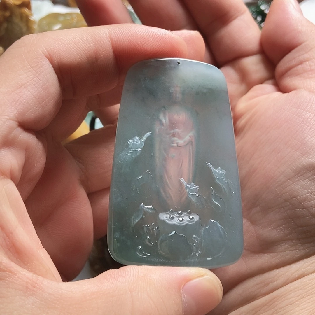 明***耀翡翠未镶嵌手镯天空蓝糯冰翡翠佛牌