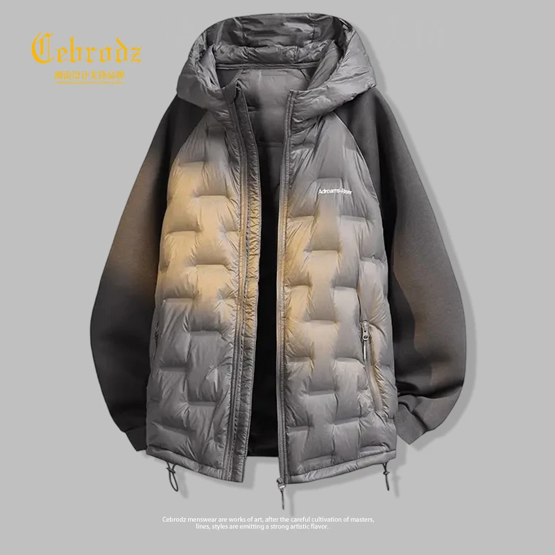 法国Cebrodz格子拼接连帽羽绒衣服冬季刺绣白鸭绒休闲羽绒外套潮