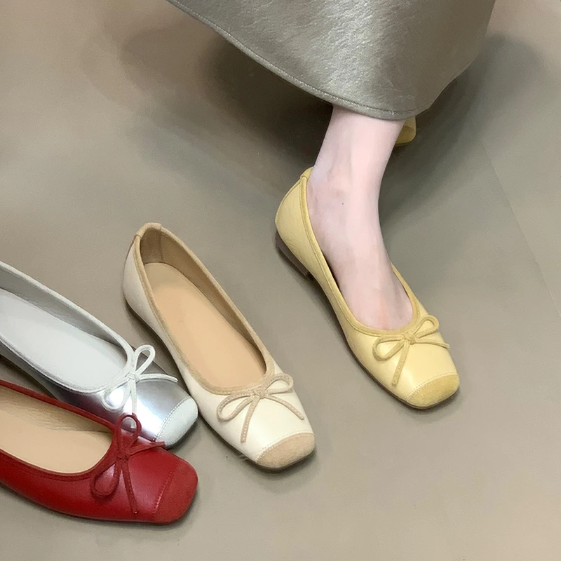 芭蕾舞瓢鞋女2025新款平底蝴蝶结奶奶鞋复古拼接单鞋