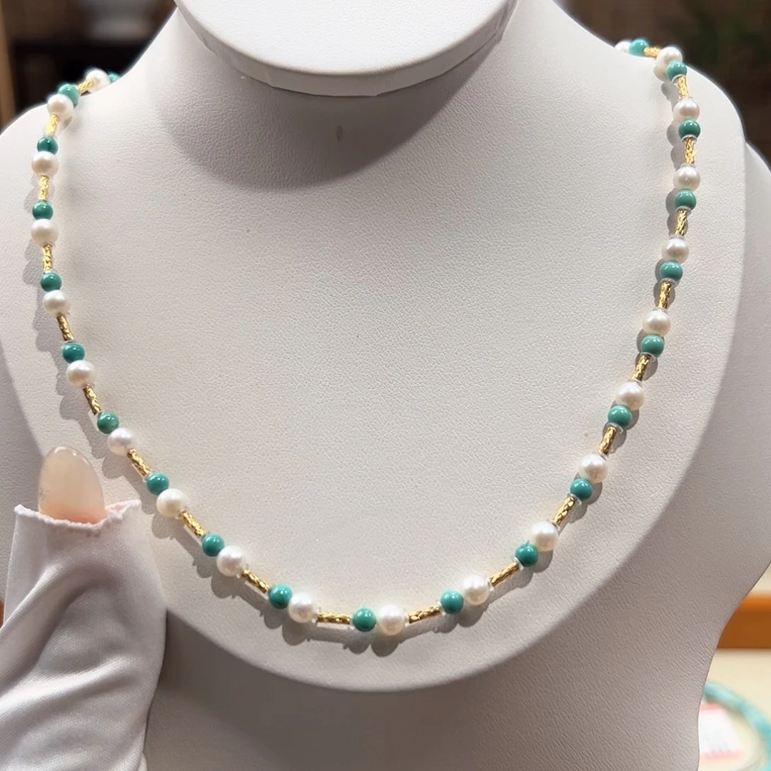 绿松石未镶嵌40圆珠锁骨链卡3+