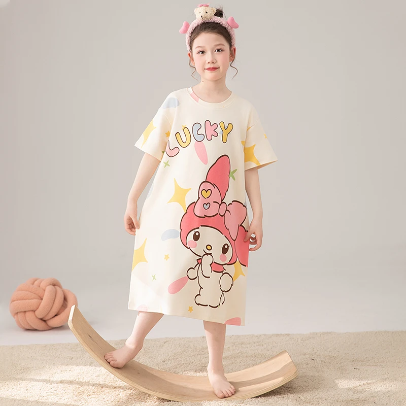 夏季女童云感纯棉睡裙短袖薄款卡通学生甜美中大童母女家居服3225